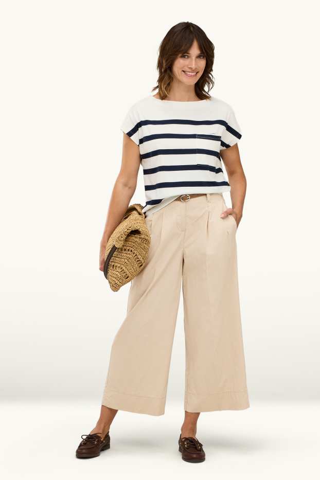 Damen - Crop Stoffhose mit Gürtel - High Waist - Wide Leg - beige