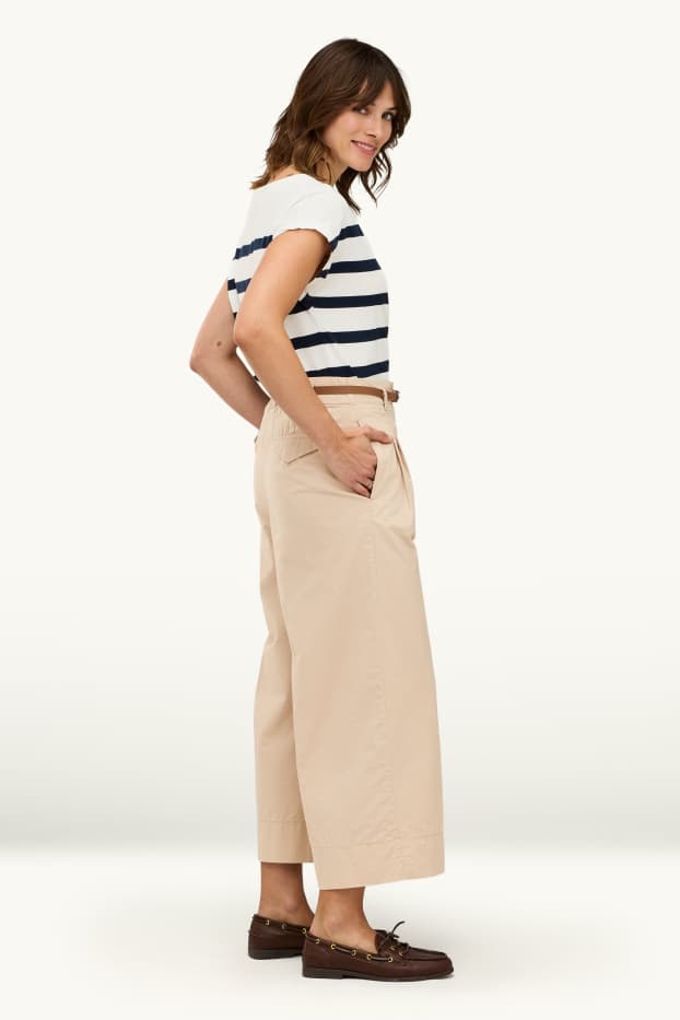 Damen - Crop Stoffhose mit Gürtel - High Waist - Wide Leg - beige