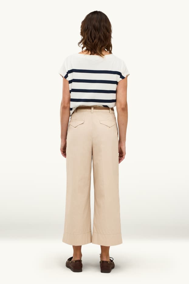 Damen - Crop Stoffhose mit Gürtel - High Waist - Wide Leg - beige