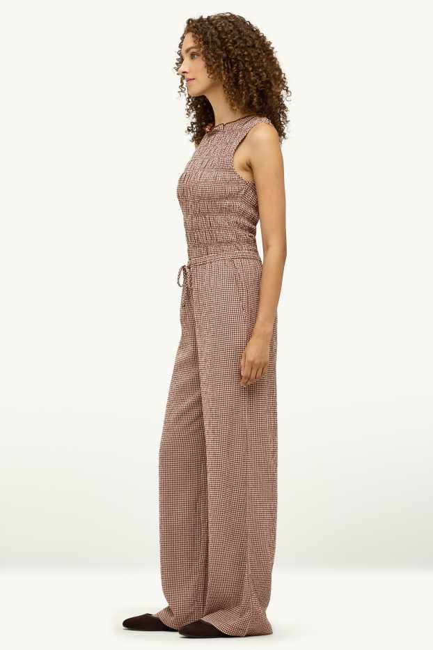 Women - Cloth trousers - mid-rise waist - wide leg - check - brown