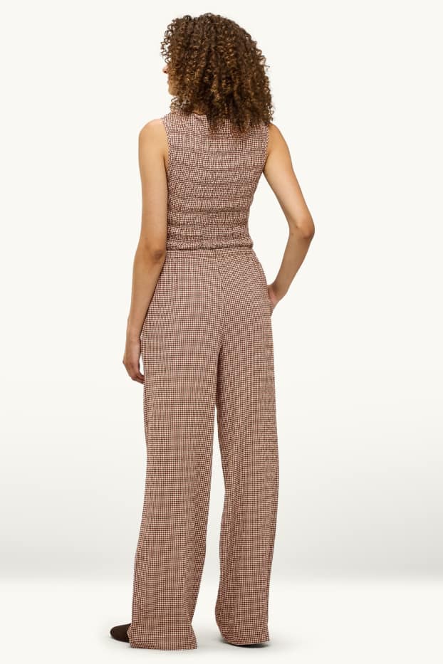 Women - Cloth trousers - mid-rise waist - wide leg - check - brown