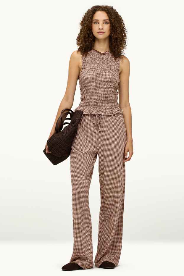 Women - Cloth trousers - mid-rise waist - wide leg - check - brown