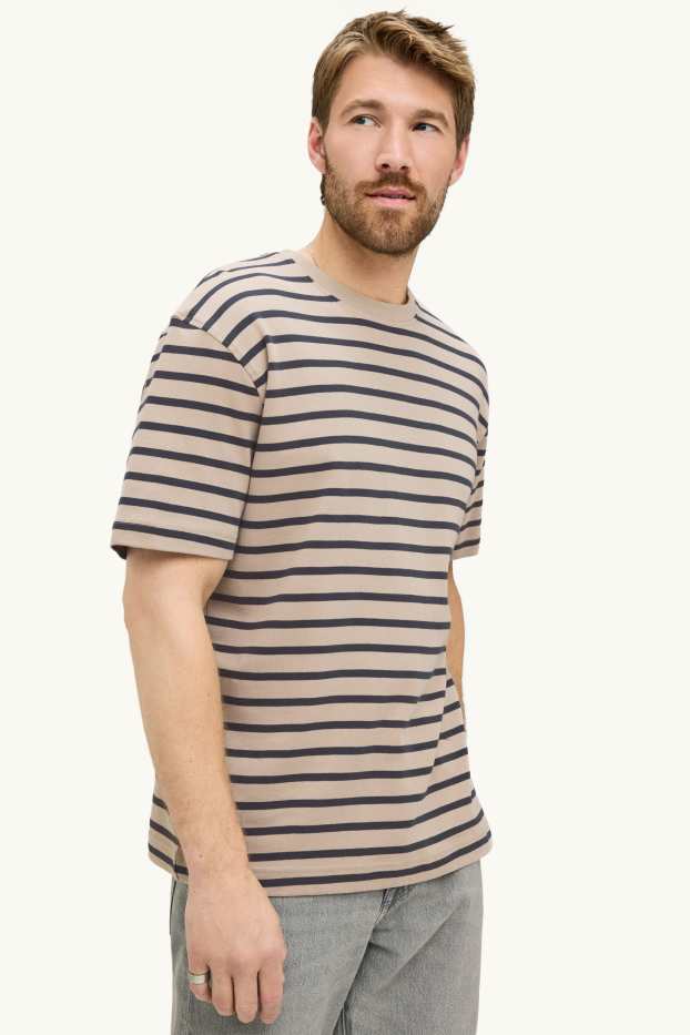 Heren - T-shirt - relaxed fit - gestreept - lichtbruin