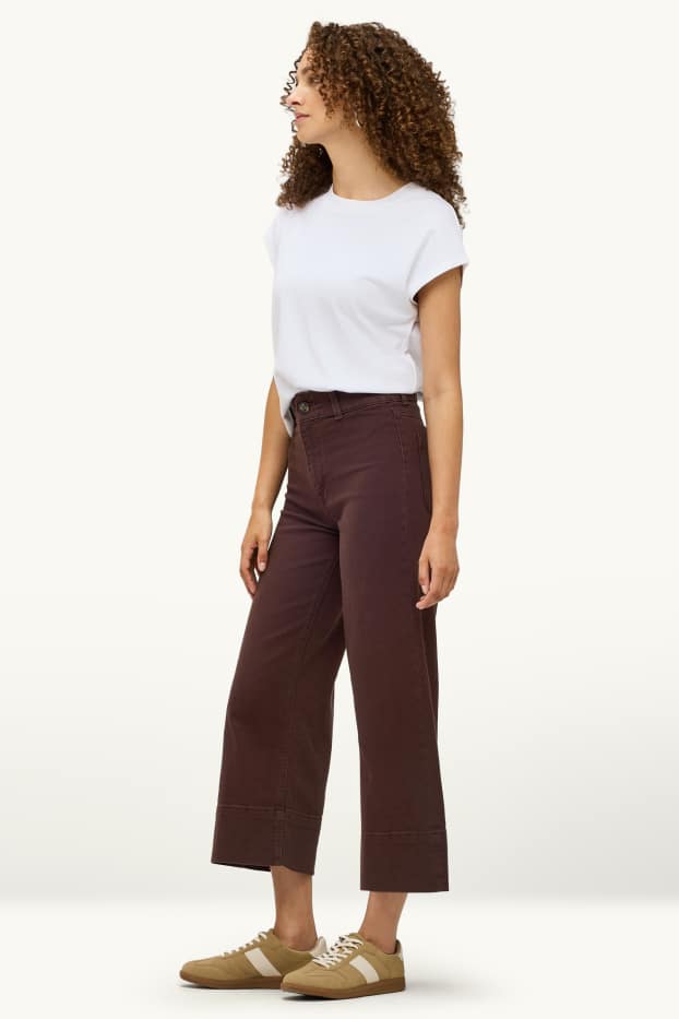 Dames - Kortere wide leg jeans - high waist - donkerbruin