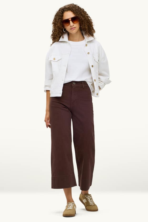 Dames - Kortere wide leg jeans - high waist - donkerbruin