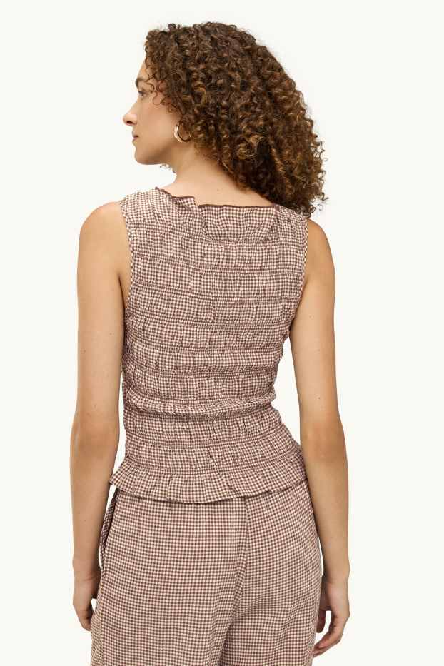 Dames - Top - geruit - gesmokt - bruin / beige