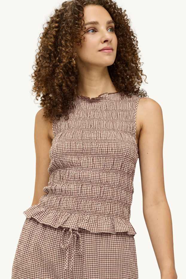Dames - Top - geruit - gesmokt - bruin / beige