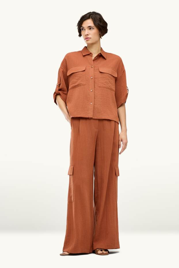 Women - Cargo trousers - high waist - wide leg - orange