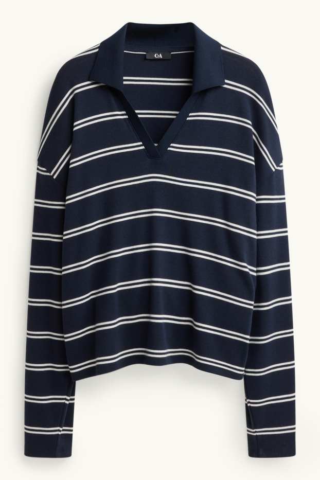 Femei - Tricou cu mânecă lungă cu decolteu în V - regular fit - cu dungi - albastru închis / alb