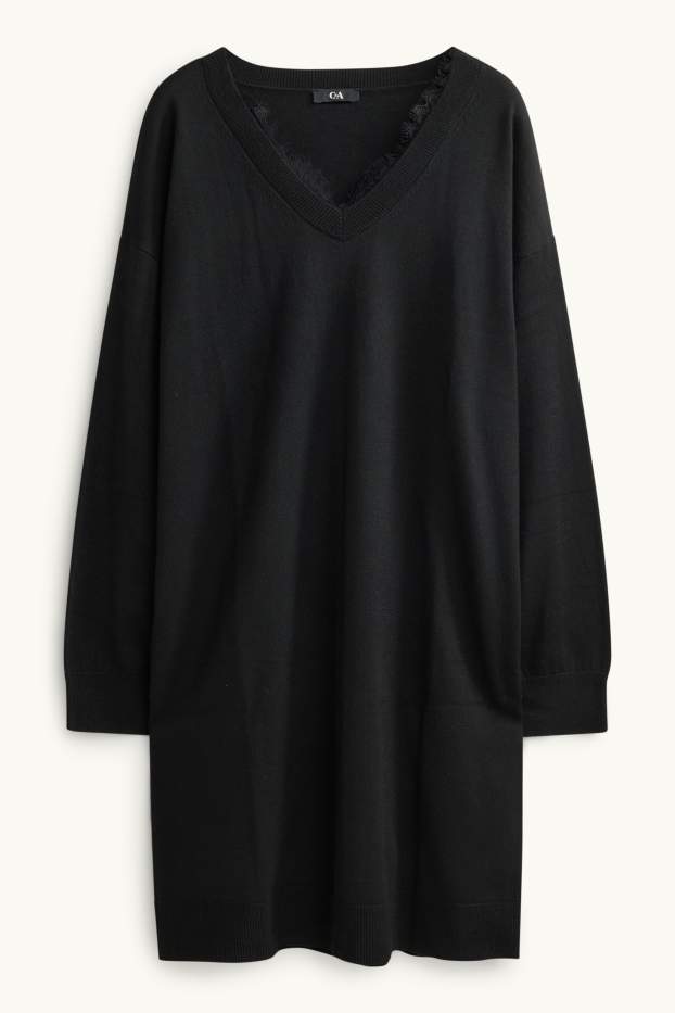Femei - Rochie din tricot cu decolteu în V - straight fit - negru