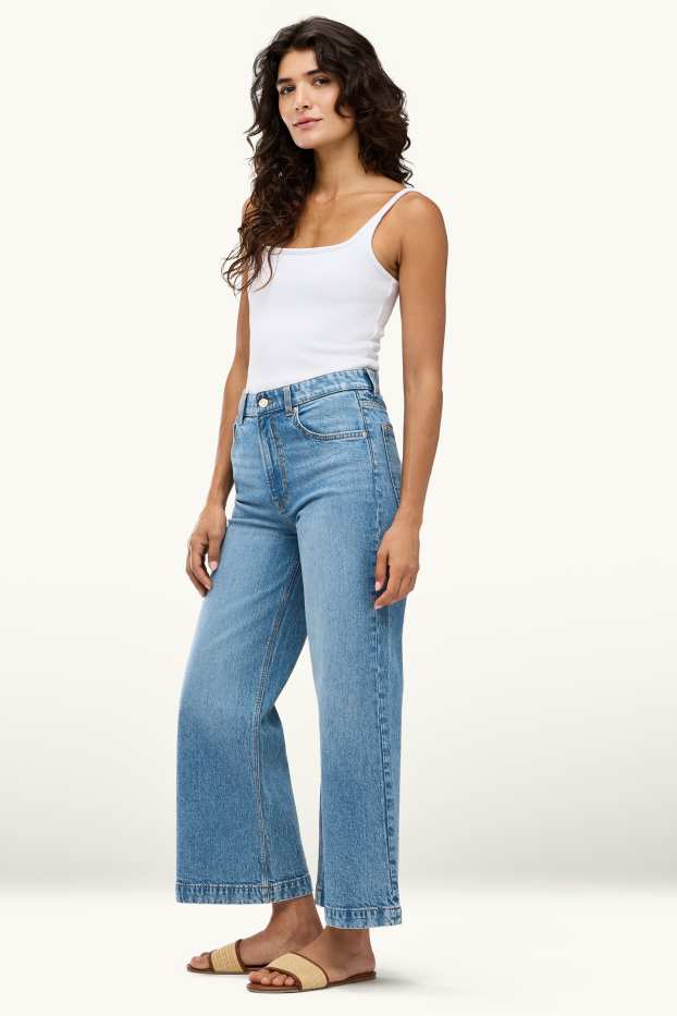Damen - Crop Wide Leg Jeans - Mid Waist - helljeansblau