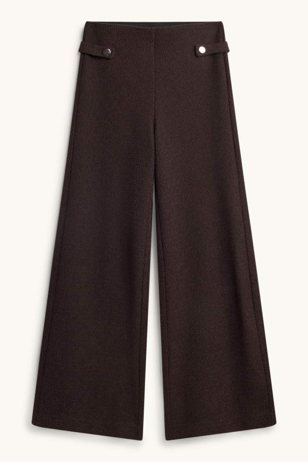 Femei - Pantaloni bouclé - talie înaltă - wide leg - maro închis