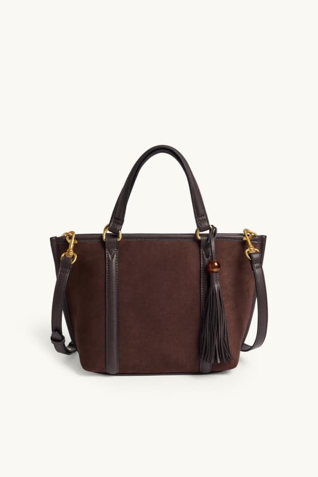 Women - Large shopper with detachable bag strap - faux suede - dark brown