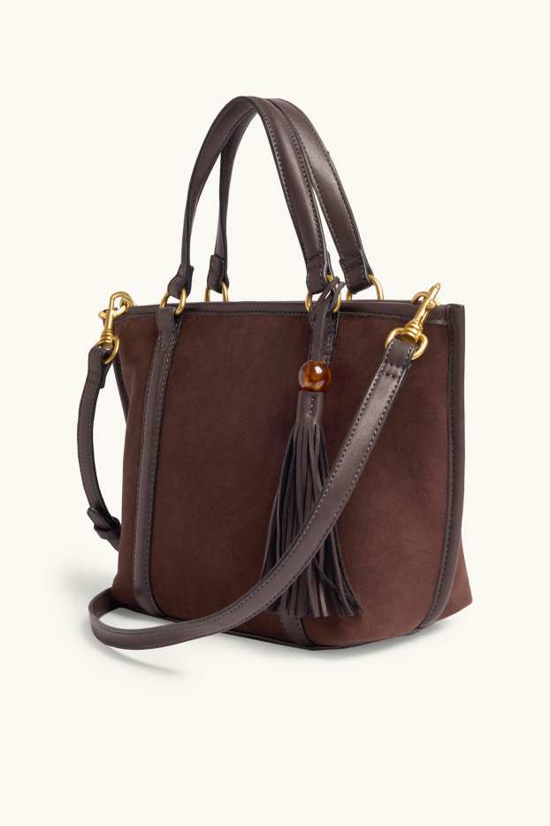 Women - Large shopper with detachable bag strap - faux suede - dark brown
