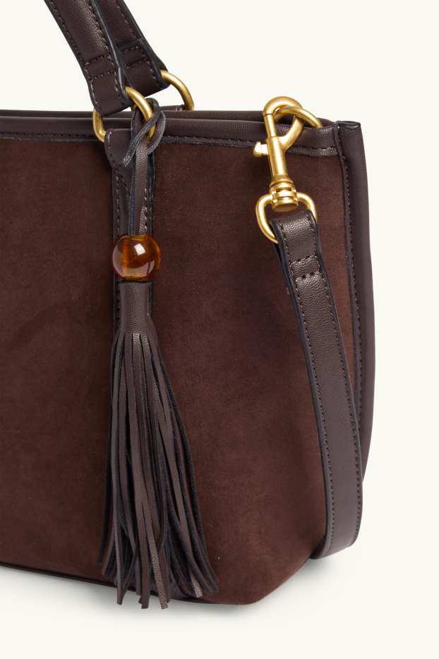 Women - Large shopper with detachable bag strap - faux suede - dark brown