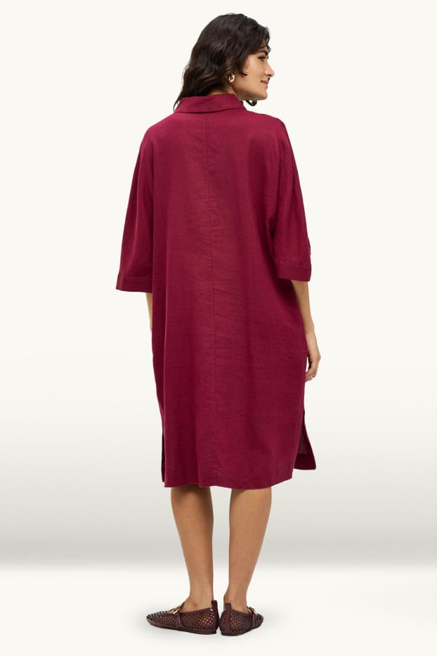 Dames - Linnen jurk - straight fit - donkerrood