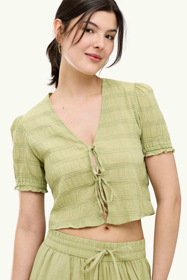 Damen - Crop Bluse - gesmokt - hellgrün