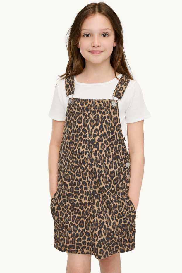 Kinder Mädchen - Set - Kurzarmshirt und Jeans-Latzkleid - 2 teilig - braun / cremeweiss
