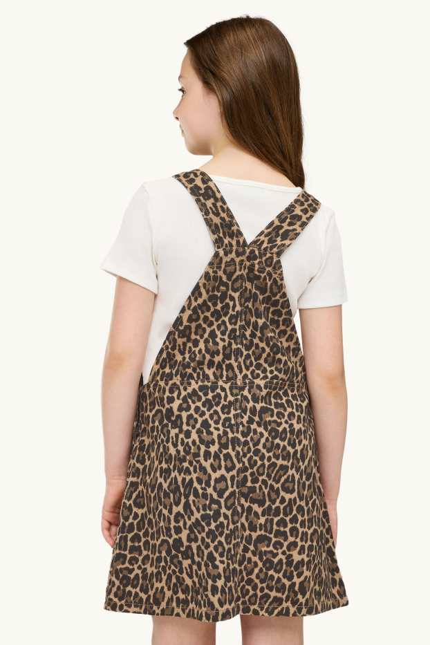 Kinder Mädchen - Set - Kurzarmshirt und Jeans-Latzkleid - 2 teilig - braun / cremeweiss
