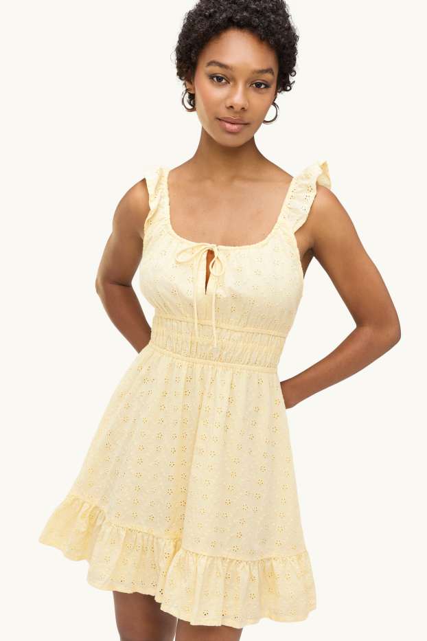 Femei - Rochie - broderie englezească - galben