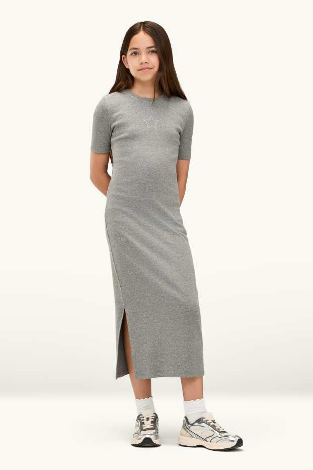 Enfants filles - Étoile - robe avec pierres de strass - finition côtelée - gris