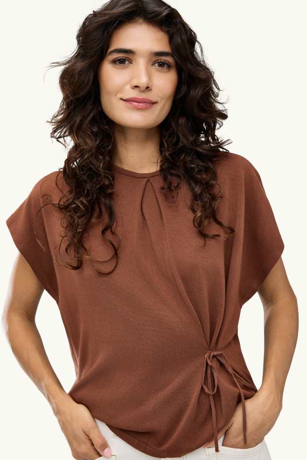 Damen - Strickpullover - kurzarm - hellbraun