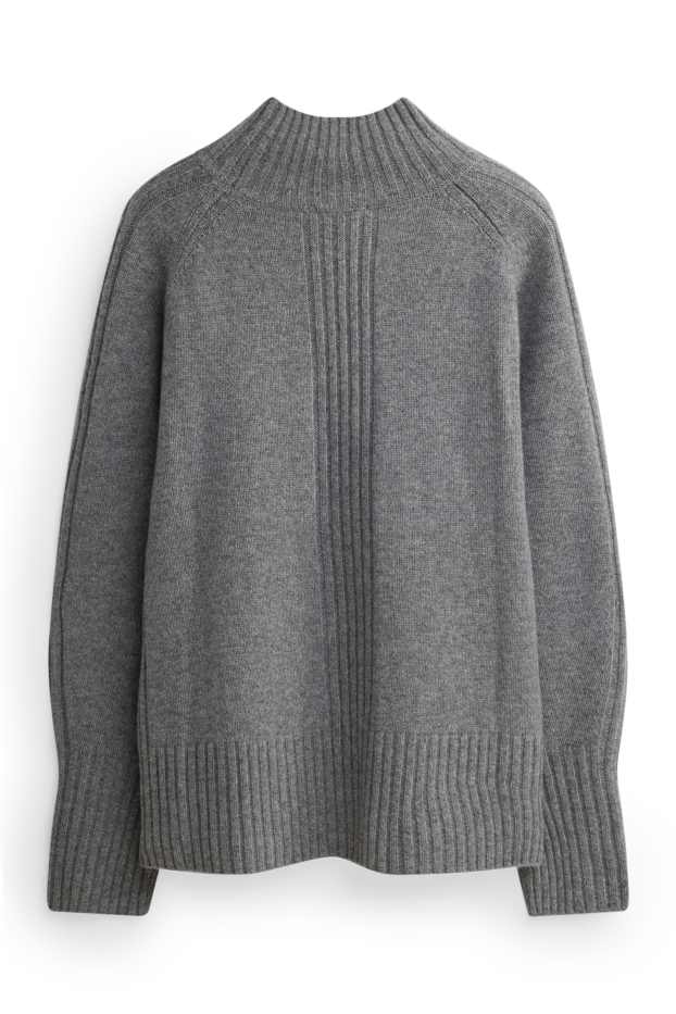 Femmes - Pull à col montant, contenant du cachemire - laine mélangée - gris chiné