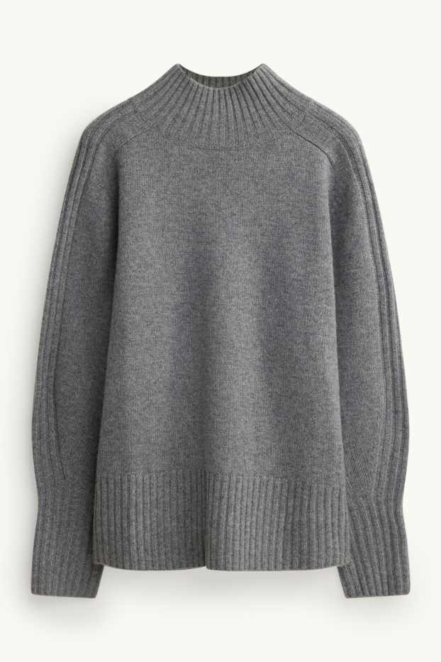 Femmes - Pull à col montant, contenant du cachemire - laine mélangée - gris chiné