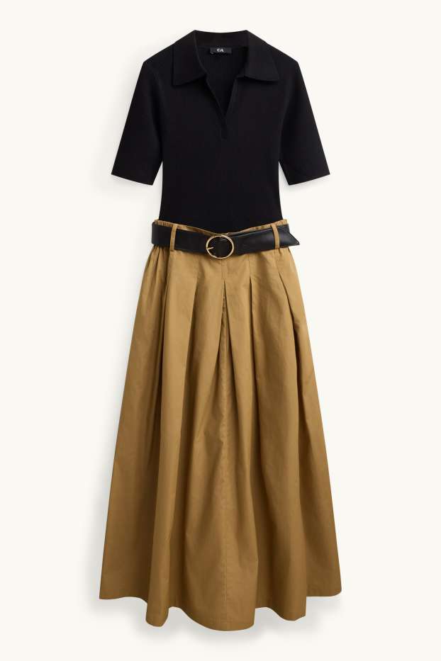 Femmes - Robe Fit & Flare dotée d'une ceinture et à col V - noir / beige