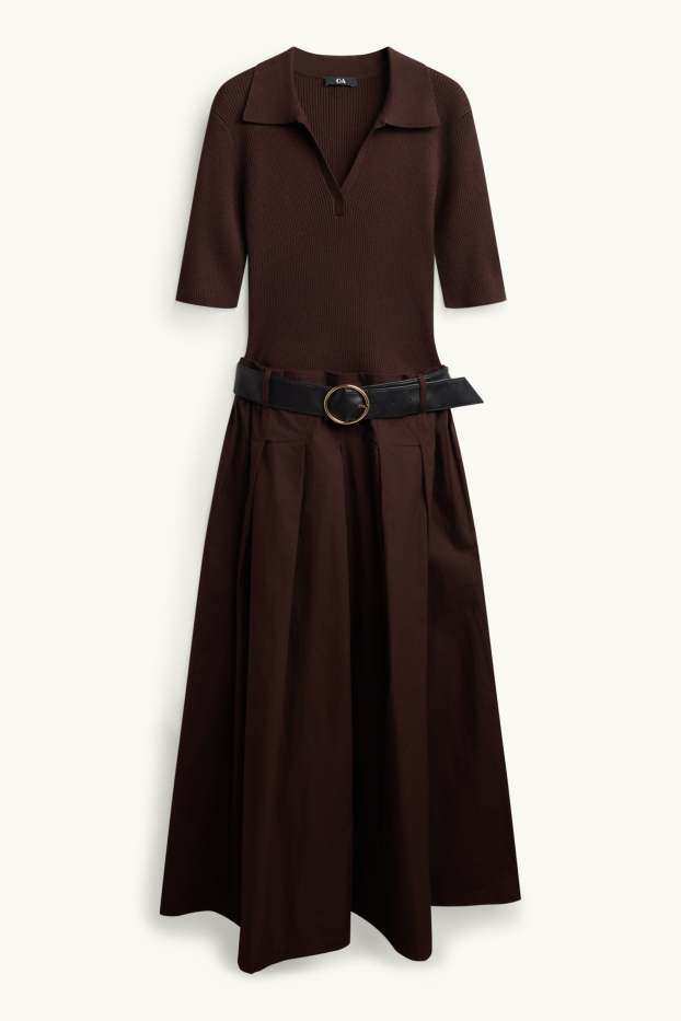 Damen - Fit & Flare Kleid mit Gürtel und V-Ausschnitt - dunkelbraun