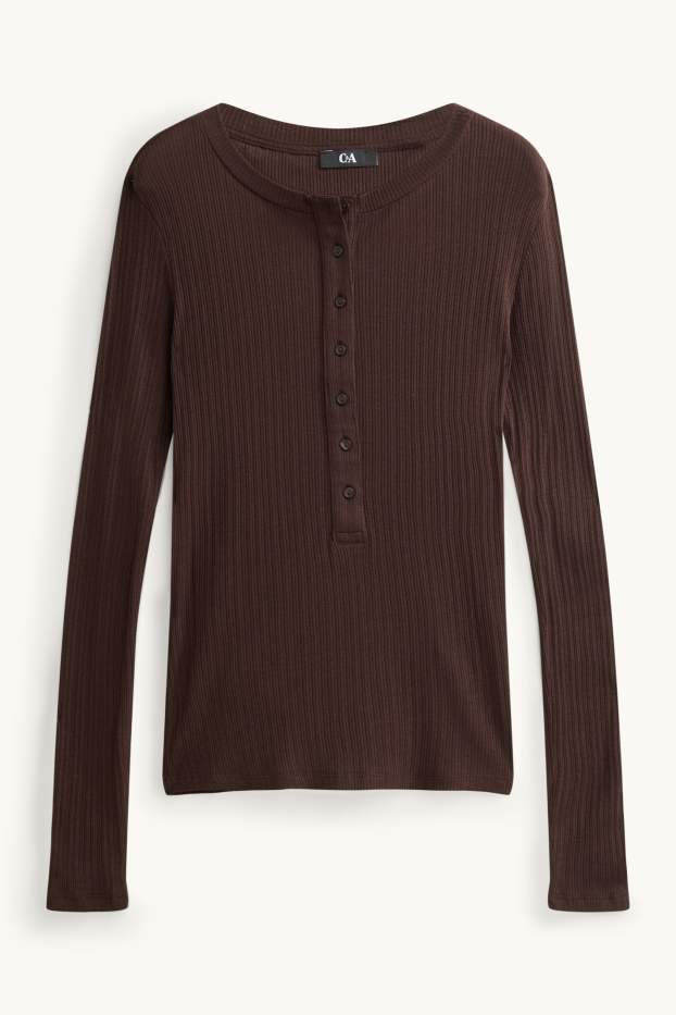 Dona - Samarreta d’estil henley - slim fit - acanalada - marró fosc