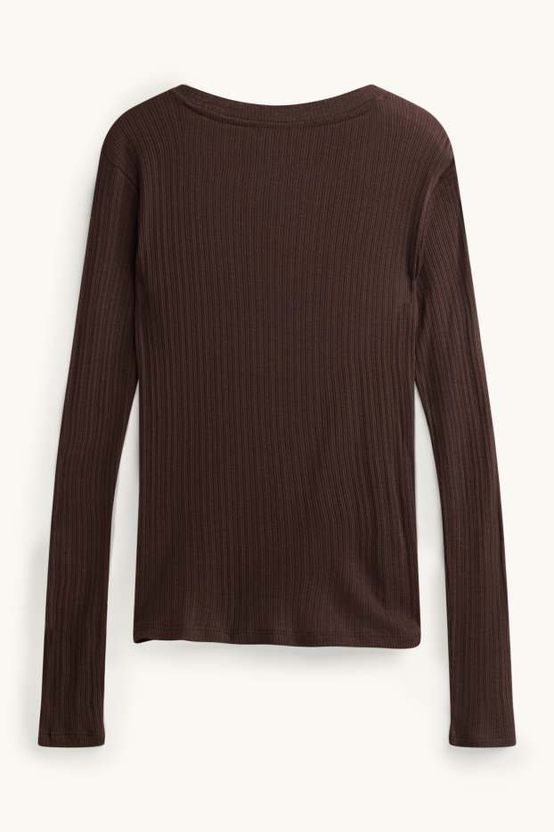 Dona - Samarreta d’estil henley - slim fit - acanalada - marró fosc