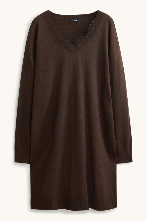 Femmes - Robe de maille à col V - straight fit - marron foncé