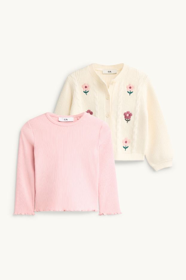Enfants filles - Fleurs - ensemble - gilet de maille et haut à manches longues - 2 pièces - blanc crème