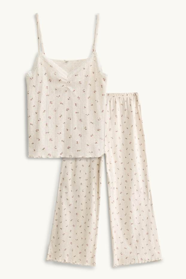 Damen - Pointelle-Pyjama - geblümt - cremeweiss