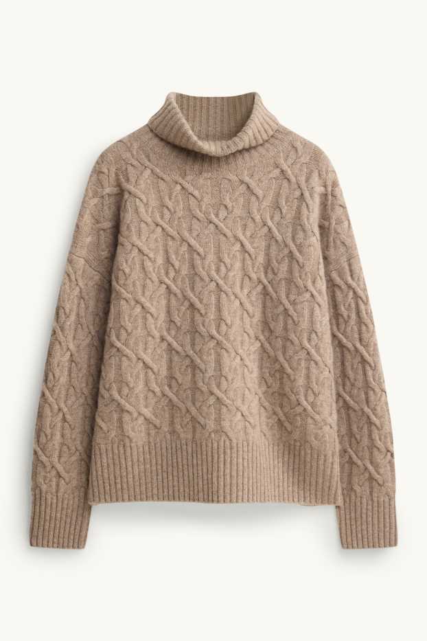 Femmes - Pull à col roulé en cachemire mélangé - laine mélangée - beige