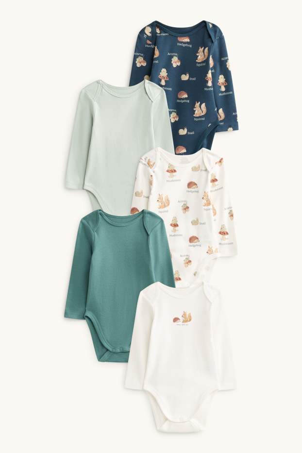Baby Jungen - Multipack 5er - Waldtiere - Baby-Body - weiss / türkis