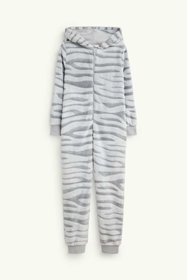 Children Girls - Fleece onesie with hood - white / gray