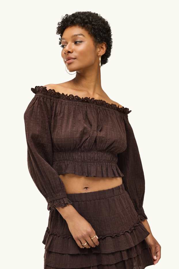 Dames - Korte blouse - gesmokt - donkerbruin