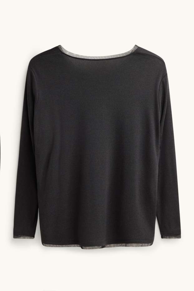 Dámské - Tričko s dlouhým rukávem s výstřihem ve tvaru V - curvy fit - antracitová