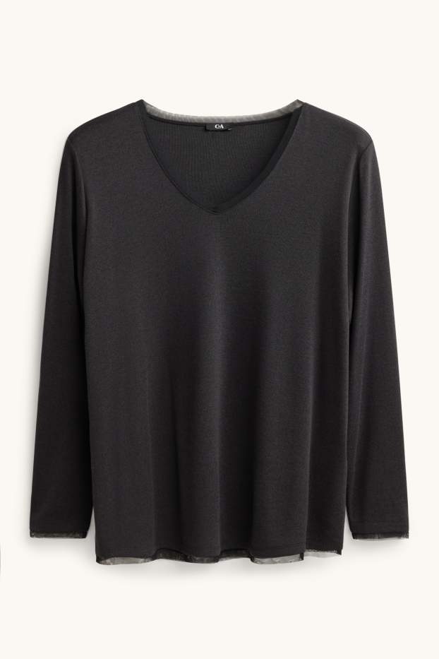 Dámské - Tričko s dlouhým rukávem s výstřihem ve tvaru V - curvy fit - antracitová