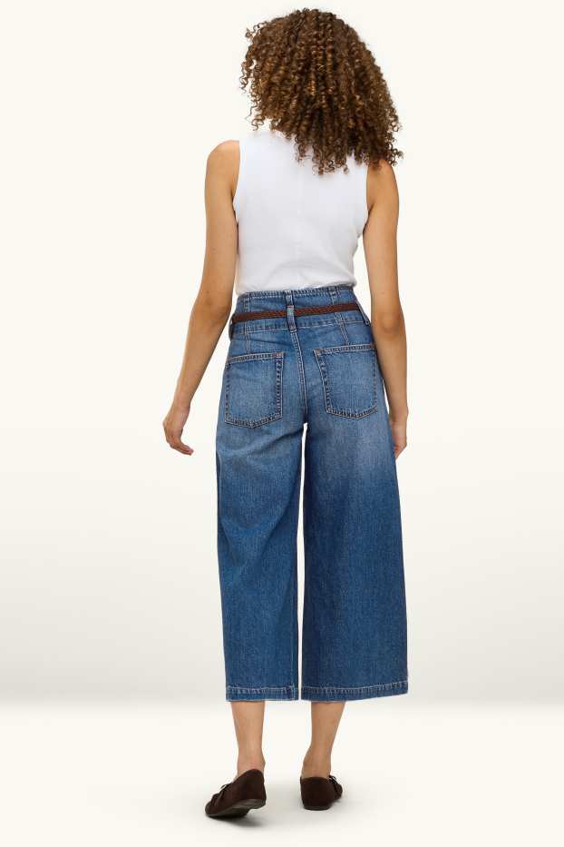 Femei - Culotte jeans cu curea - talie înaltă - wide leg - denim-albastru