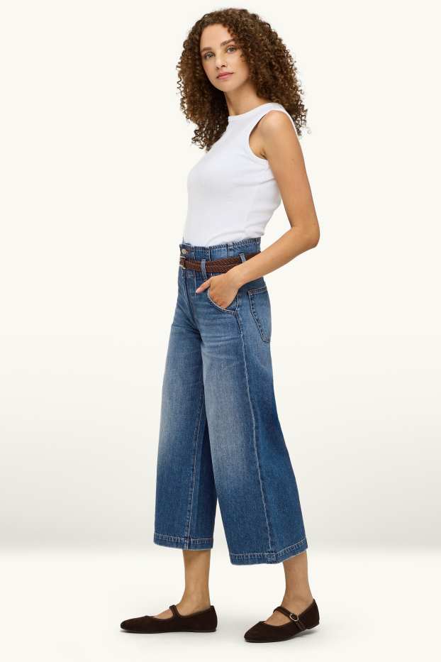 Femei - Culotte jeans cu curea - talie înaltă - wide leg - denim-albastru