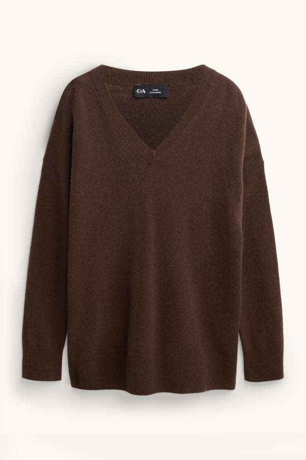 Femmes - Pull en cachemire avec encolure en V - marron foncé