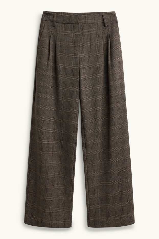 Dames - Pantalon - high waist - wide leg - geruit - bruin