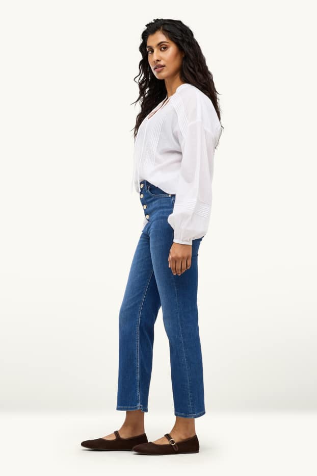 Dames - Kortere flared jeans - high waist - jeansdonkerblauw