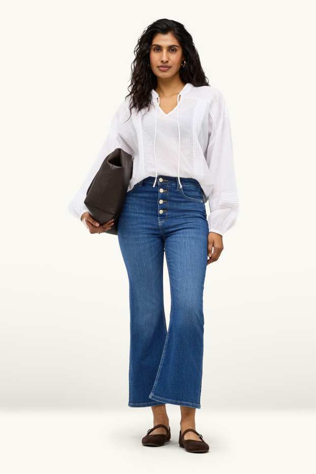 Dames - Kortere flared jeans - high waist - jeansdonkerblauw