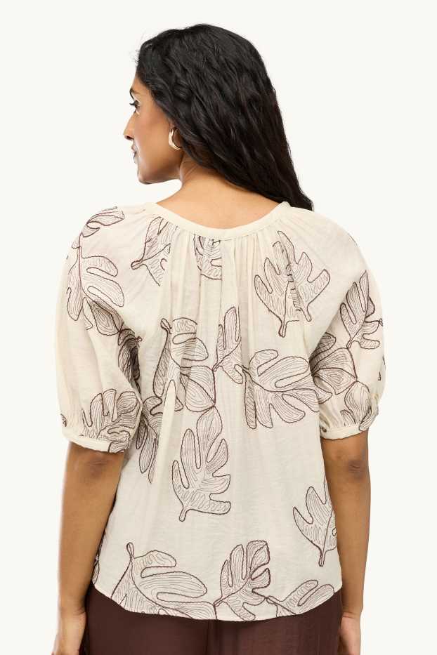 Damen - Bluse mit V-Ausschnitt - gemustert - cremefarben