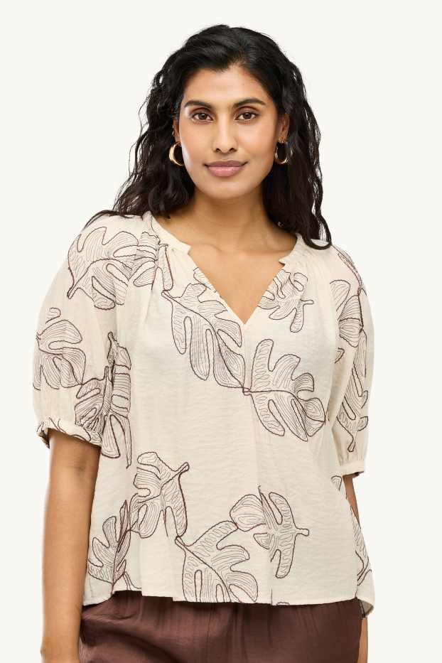 Damen - Bluse mit V-Ausschnitt - gemustert - cremefarben