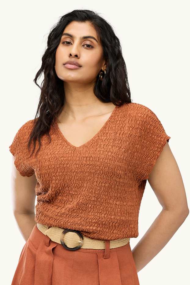 Damen - T-Shirt mit V-Ausschnitt - Regular FIt - braun